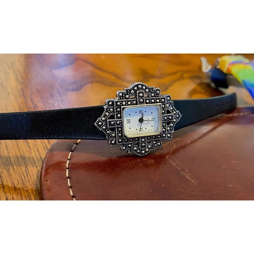 Women's Silver Tone Avon Watch, Art Deco Style, Black Leather Band